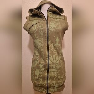 P.E.A.C.E. Hooded Sleeveless Vest with Tribal Print Burning Man Army Green